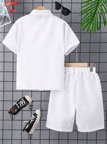 Boys' Casual Wavy Texture Short Sleeve Shirt & Shorts Set, Lightweight Breathable Solid Color, Suitable For Spring/Summer