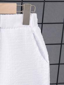 Boys' Casual Wavy Texture Short Sleeve Shirt & Shorts Set, Lightweight Breathable Solid Color, Suitable For Spring/Summer