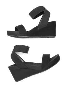 Women's Black Slip On Open Toe Elastic Ankle Strap Platform Comfortable Commuting  Wedge Sandals - màu đen - Xem 9