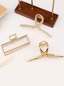 3入組2024新款復古風格合金大不規則髮卡,適用於女性日常使用 - 金色 - 查看 2