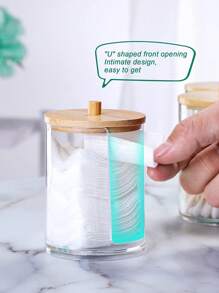 1入組有竹蓋的化妝棉盒，臉巾收納盒，棉花棒收納盒，首飾收納盒，口紅收納盒，堆疊式圓杯收納盒，透明容器，適用於存儲化妝棉，耳環，護墊，海綿蛋，口紅，用於浴室/洗手間/梳妝/化妝存儲/牙線選擇-木質蓋子移除罐 - 透明 - 查看 7