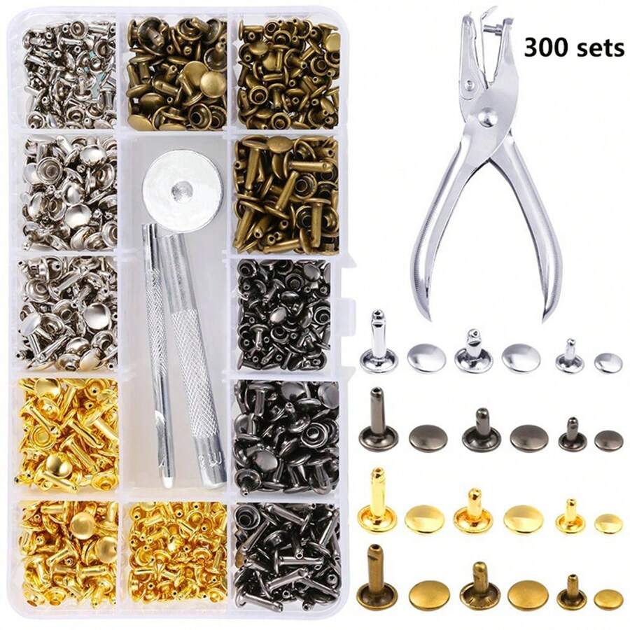 1包300套雙頭帽扣螺柱狀鉚釘工具箱,金屬鉚釘,皮革釘,裝設工具組,打孔鉗,皮革鉚釘,皮帶圓頭 - 300sets - 查看 1
