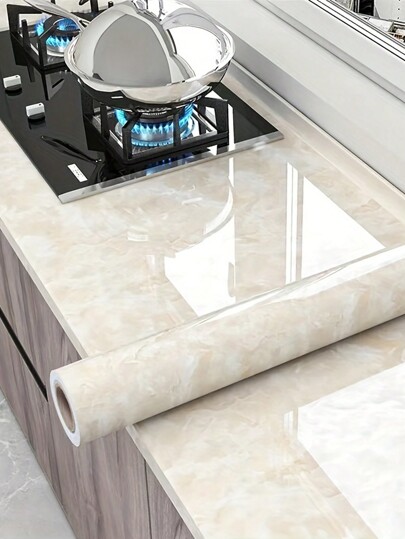 1 Roll Marble Wallpaper, Oil-Proof Heat-Resistant Self Adhesive Wallpaper For Kitchen, Furniture Decor, Luxury Champagne White