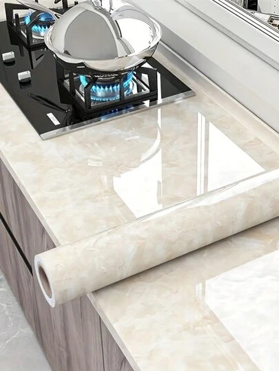 1卷大理石紋壁紙,防油耐熱自粘壁紙,適用於廚房、家具裝飾,奢華香檳白