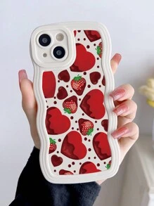 Capa de celular anti-queda ondulada branca com padrão de coração vermelho e morango, compatível com iPhone - Multicolorido - Visão 1