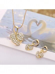 1set Fashionable & Luxurious Alloy & Rhinestone Inlaid Heart Pendant Necklace Valentine's Day Gift With Gift Box - Gold - View 5