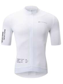 HISERWA Slogan Print Stand-Up Collar Short Sleeve Cycling Jersey With Zipper Top