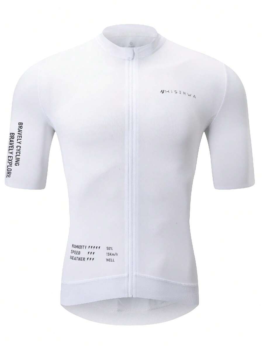 HISERWA Slogan Print Stand-Up Collar Short Sleeve Cycling Jersey With Zipper Top
