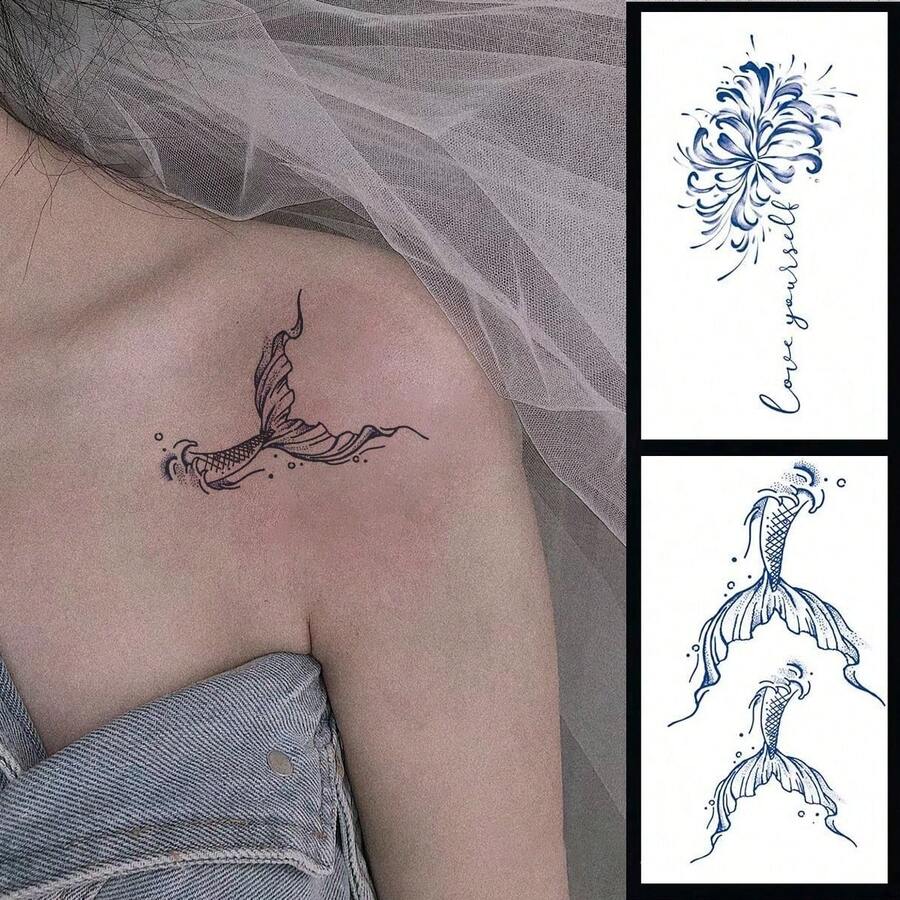 暫時性紙質刺青,2張簡單的魚尾設計刺青貼紙,別緻的櫻花花紋刺青貼紙,女士肩膀和手臂上的小型一次性身體裝飾,草本防水,可持續7-15天 - 藍色 - 查看 1