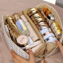 1pc Classic Plaid Pattern Zippered Cosmetic Bag, Multifunctional Travel Toiletry Kit, Portable Makeup Pouch With Handle - Black - View 4