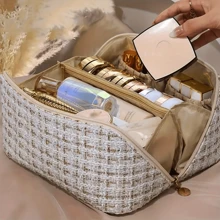 1pc Classic Plaid Pattern Zippered Cosmetic Bag, Multifunctional Travel Toiletry Kit, Portable Makeup Pouch With Handle - Black - View 2