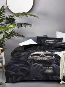 3pcs Skull Printed Comforter Cover Set (1 Comforter Cover + 2 Pillowcase), Soft Cozy Anime Bedding Set For Bedroom & Guest Room, Home Bedding (No Quilt)