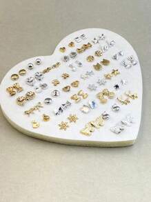 36pairs/Set Assorted Heart, Pentagram, Butterfly, Crown & Music Note Design Hypoallergenic Stud Earrings For Women Valentines,Mom,Mother,Mother's Day,Gift