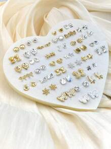 36pairs/Set Assorted Heart, Pentagram, Butterfly, Crown & Music Note Design Hypoallergenic Stud Earrings For Women Valentines,Mom,Mother,Mother's Day,Gift