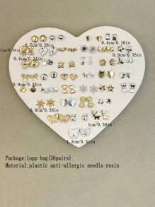 36pairs/Set Assorted Heart, Pentagram, Butterfly, Crown & Music Note Design Hypoallergenic Stud Earrings For Women Valentines,Mom,Mother,Mother's Day,Gift
