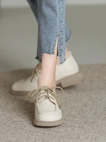 2024 Hàng Mới Về Giày Da Nữ Nhỏ Buộc Dây, Giày Đế Dày Đế Thấp Phong Cách Anh Quốc, Giày Công Sở Đế Mềm Thoải Mái Có Thể Đứng Trong Thời Gian Dài - Màu be - Xem 2