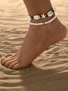 2入組/套貝殼裝飾腳錬 - 黑色 - 查看 5