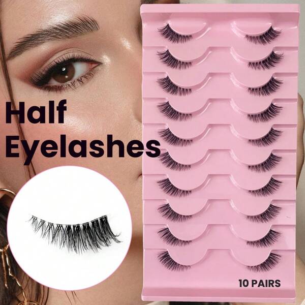 Hinarin 10 paires de faux cils mi-longs 5/10 cils mi-longs doux avec look naturel, outil de maquillage d'extension de cils en forme d'œil de chat 10 mm, cils mi-longs courts