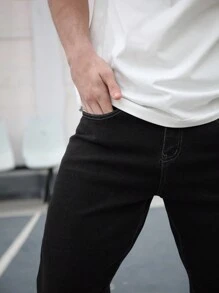 Vaqueros Rectos Elásticos y Ajustados Hombre, Mezclilla Comodo Moda - Negro - Ver 5