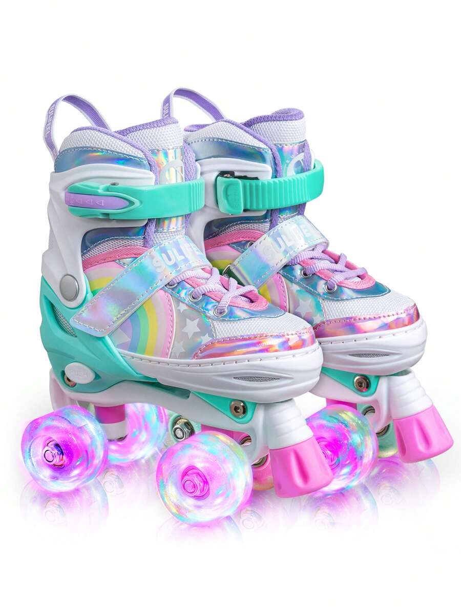 Green Rainbow Unicorn 4 Size Adjustable Light Up Roller Skates For Girls - Green - View 1