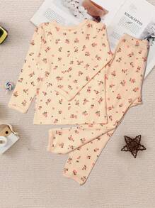 年輕女孩花卉印花秋裝睡衣套裝，帶蕾絲細節，適用於春秋季節 - 米色 - 查看 2