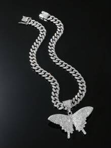 1pc Full Diamond Set Hip Hop Chain With Silver-Tone Hip Hop Pendant For Men's Daily Wear - Silver - View 8