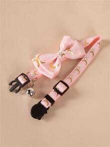 1個月亮和星星印花蝴蝶結寵物項圈（頸部圍長21.5-29厘米/8.46-11.42英寸） - 粉色 - 查看 4