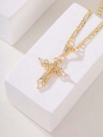 1pc Fashionable Yet Simple Copper Inlaid Shiny Asymmetrical Zirconia & Jesus Cross Pendant Necklace, Suitable For Gifting, For Couple, Friend, Everyday Wear And Pray