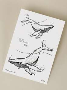 1張黑色可愛鯨魚圖案臨時紋身貼紙,可貼於手臂、胸部、腹部、背部 - 黑色 - 查看 5