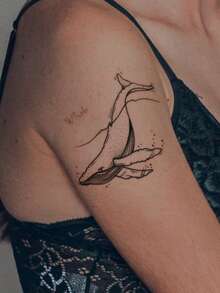 1張黑色可愛鯨魚圖案臨時紋身貼紙,可貼於手臂、胸部、腹部、背部 - 黑色 - 查看 2