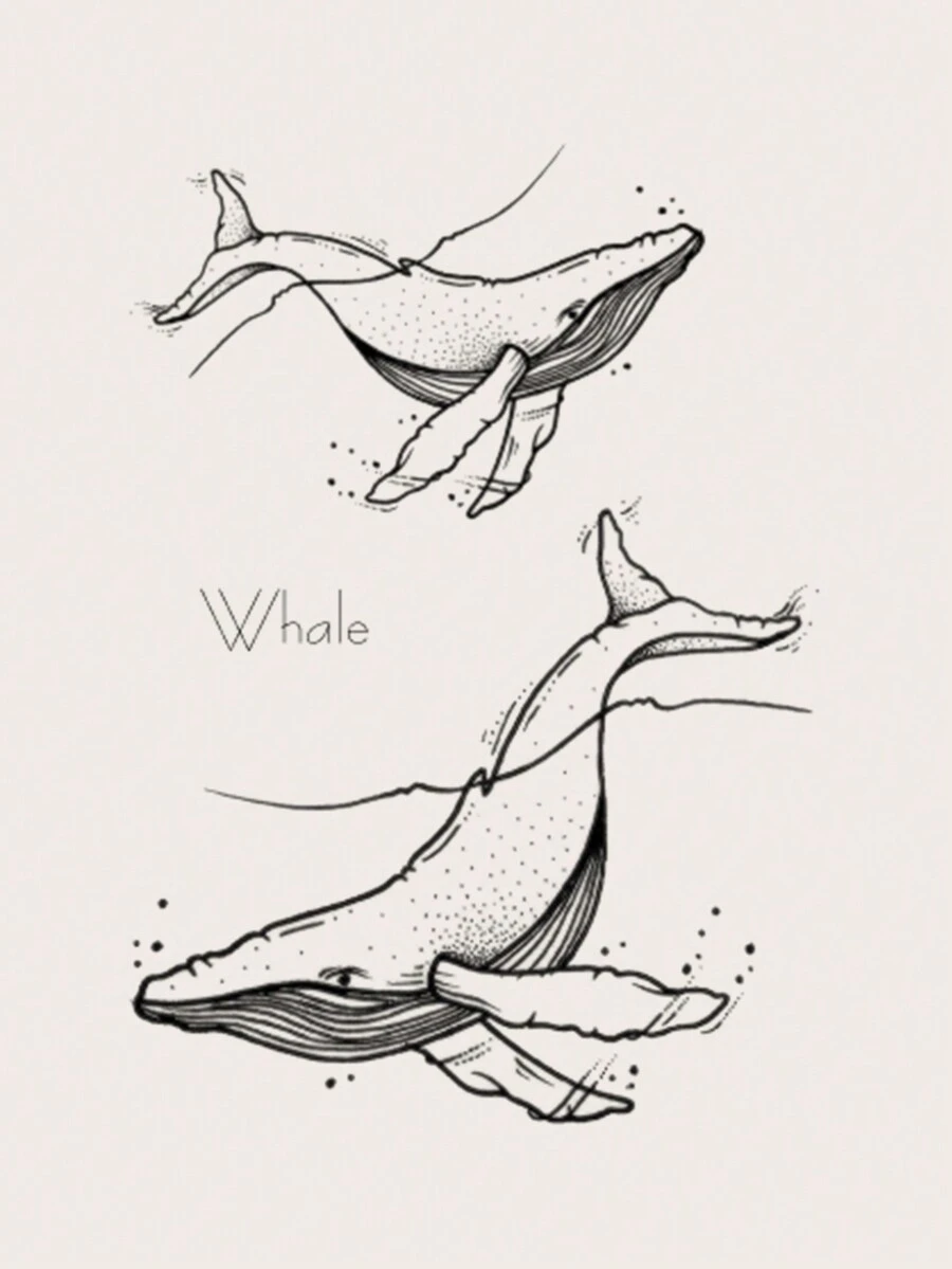 1張黑色可愛鯨魚圖案臨時紋身貼紙,可貼於手臂、胸部、腹部、背部 - 黑色 - 查看 1