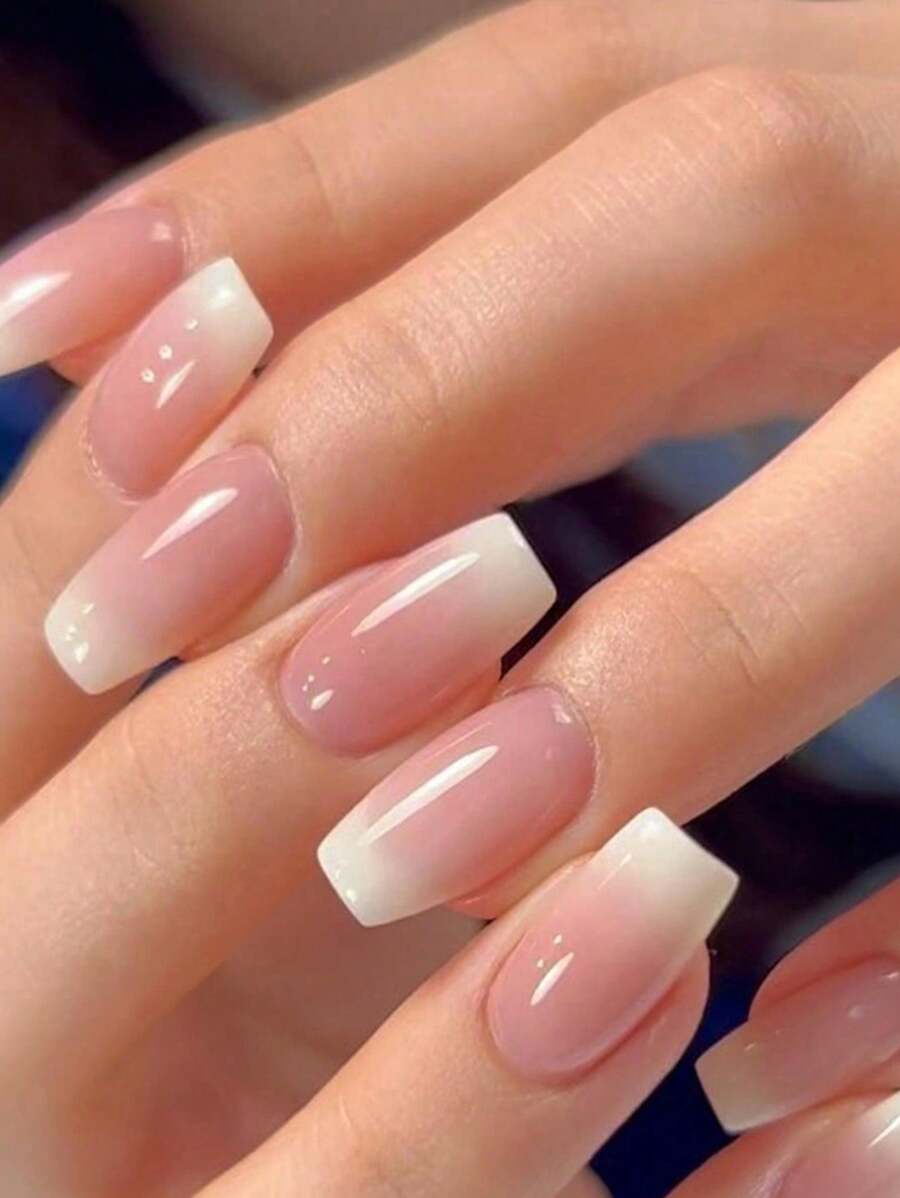 Nâng cấp diện mạo của bạn với 24 chiếc hình dạng quan tài ngắn Đơn giản màu hồng và trắng Gel thạch chuyển màu trên móng tay, thích hợp cho phụ nữ và trẻ em gái Đồ dùng làm móng - Bụi hồng - Xem 1