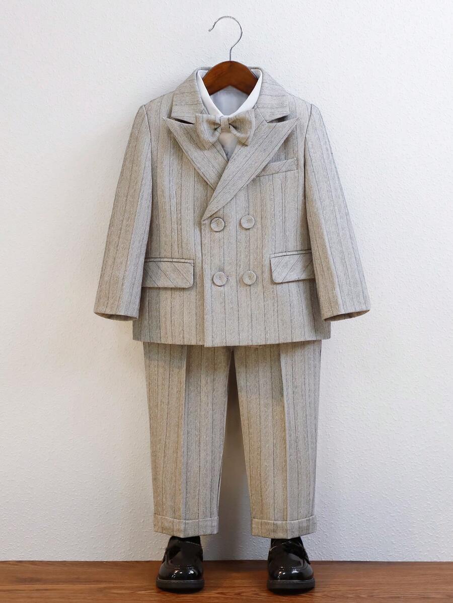 Young Boy 4pcs/Set Suit Set With Double-Breasted Coat, Vest, Pants And Bowtie, Spring - Grey - View 1