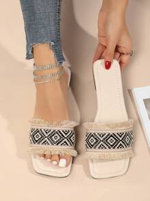 Damen Große Größen Sommer Leder gewebte quadratische Spitze flache Sandale Schlüpfen Schuhe, weiße Farbe, modisch zu Kleidern zu tragen, für Party - Schwarz - Übersicht 2