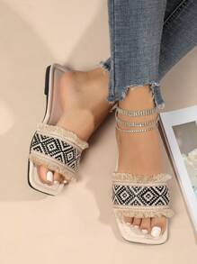 Damen Große Größen Sommer Leder gewebte quadratische Spitze flache Sandale Schlüpfen Schuhe, weiße Farbe, modisch zu Kleidern zu tragen, für Party - Schwarz - Übersicht 1