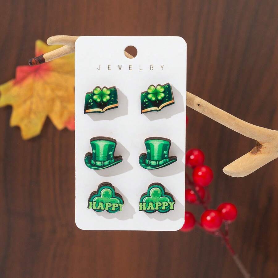 3入組愛爾蘭節日主題耳環,含綠色耳釘、盆栽耳環和可愛耳環,適用於聖帕特裡克節 - 彩色 - 查看 1