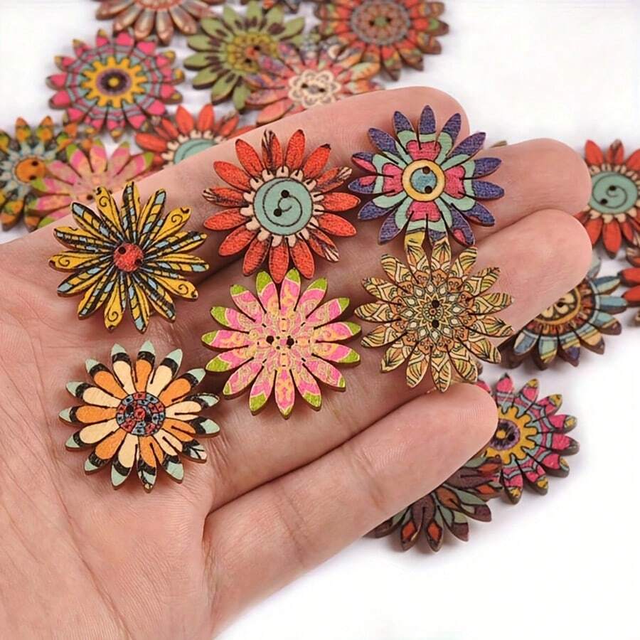 50pcs Boho Painted Flowers 2hole Wooden Buttons For DIY Sewing Scrapbook Gift Accessories Handwork Clothing Supplies Home Decor - Multicolor - View 1