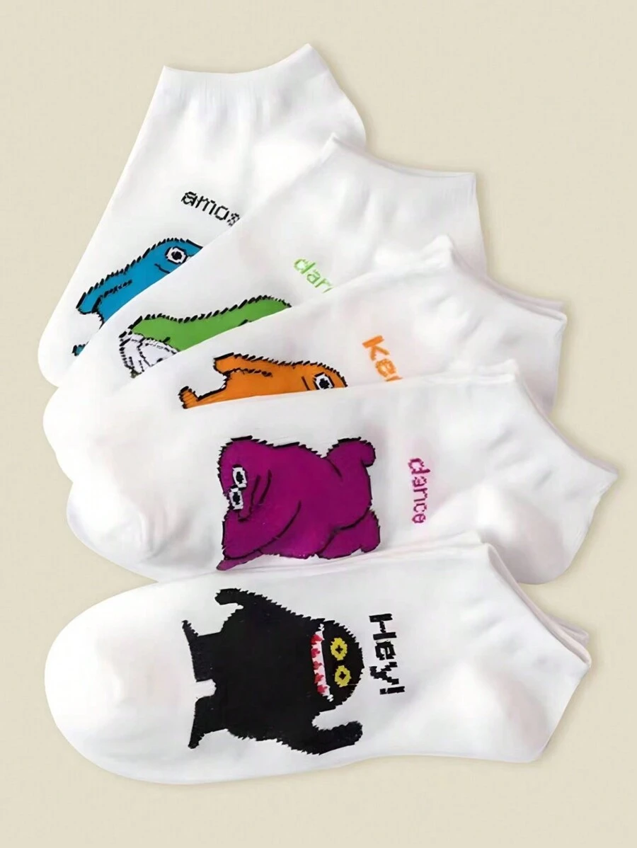 5 Pairs White Cartoon Character Ankle Socks For Women - Multicolor - View 1