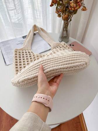 ENBEI Lightweight, Casual Women's Minimalist Large Capacity Hollow Out Woven Shopping Bag Crochet Bag,Beach Bag,Holiday Essentials,Large Tote Bag,White Bag ,Bags For Woman, Large Capacity Tote Bag For Travel School Bag Travel Essentials,Perfect Match With Autumn Outfits, Christmas Gifts,