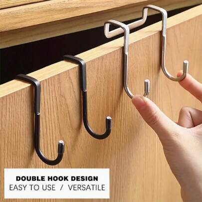 1pc Stainless Steel Double S-Shaped Hook Without Drilling, Back Door Type Cabinet Storage Hanger For Kitchen, Bathroom, Multicolor