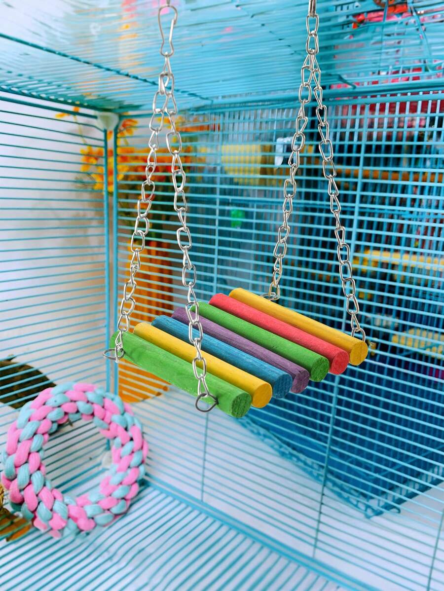 Brinquedos Para Papagaios E Periquitos-de-rabo-longo, Brinquedos Coloridos De Balanço Para Gaiolas De Pé Ou Suspensas Para Papagaios De Pele De Tigre, Periquitos-de-rabo-longo, Papagaios Conus, Mainás, Lovebirds, Periquitos-australianos, Periquitos E Pontas De Papagaio, Acessórios De Gaiola De Suspensão De Ponte De Madeira Para Pendurar (1peça) - Multicolorido - Visão 1
