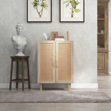 HOMCOM Armario de Salón con 2 Puertas de Rejilla de Ratán y Estantes Ajustables Aparador de Salón para Oficina Estudio Dormitorio Estilo Nórdico Antivuelco 73x41x102 cm Natural - Marrón - Ver 8