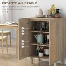 HOMCOM Armario de Salón con 2 Puertas de Rejilla de Ratán y Estantes Ajustables Aparador de Salón para Oficina Estudio Dormitorio Estilo Nórdico Antivuelco 73x41x102 cm Natural - Marrón - Ver 5