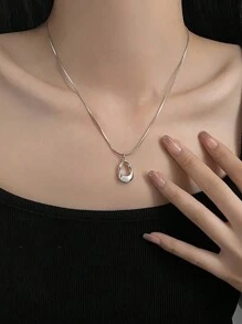 1pc Fashion Versatile Minimalist Hollow Water Drop Titanium Steel Necklace - Silver - View 3