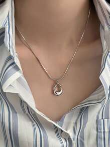 1pc Fashion Versatile Minimalist Hollow Water Drop Titanium Steel Necklace - Silver - View 1