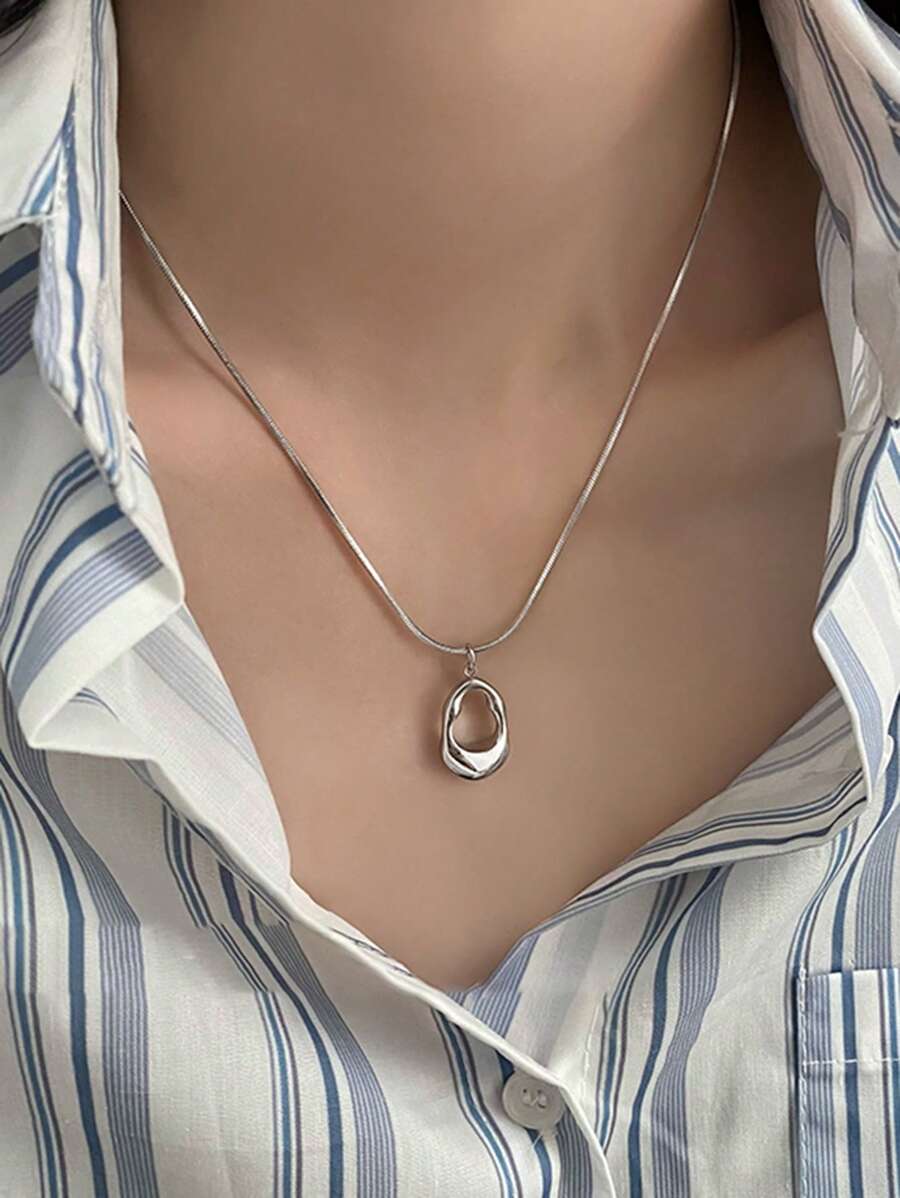 1pc Fashion Versatile Minimalist Hollow Water Drop Titanium Steel Necklace - Silver - View 1