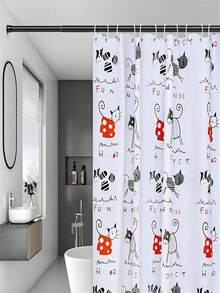 1入peva淋浴簾,白色底色,可愛的貓圖案,含掛鉤,適用於浴室 - 彩色 - 查看 2
