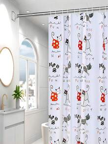 1入peva淋浴簾,白色底色,可愛的貓圖案,含掛鉤,適用於浴室 - 彩色 - 查看 3