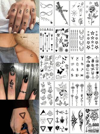 20pcs Creative Black Small Pattern Temporary Tattoo Stickers For Men And Women, Including Butterfly, Tree Branch, Planet Tattoo Designs. Waterproof And Suitable For Arm, Face, Finger, Neck