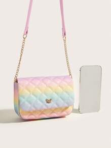 1pc Girls' Holographic Gritty Plaid Crossbody Bag With Chain Strap, Fashionable And Sweet For Everyday Use